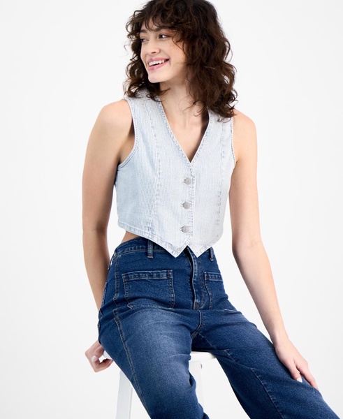 Women's Striped Button-Front Denim Vest, Exclusively at Macy's
