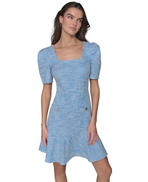 Women's Tweed Puff-Sleeve Square-Neck Sheath Dress