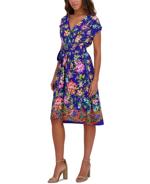 Women's Printed V-Neck Smocked-Back A-Line Dress