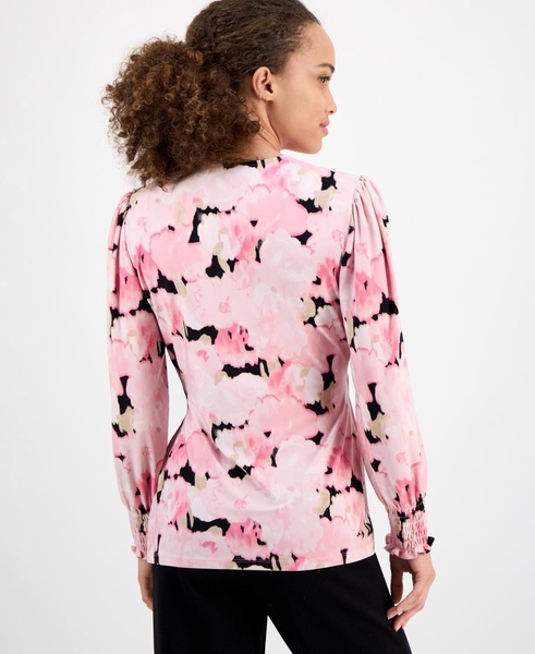 Petite Watercolor-Print Smocked-Cuff Wrap Top