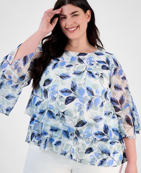 Plus Size Floral Print Tiered Bell-Sleeve Blouse