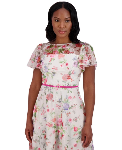 Petite Floral Flutter-Sleeve Belted Midi Dress