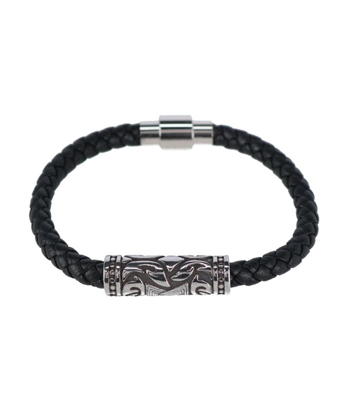 Silver Filigree Pattern on Black Leather Bracelet