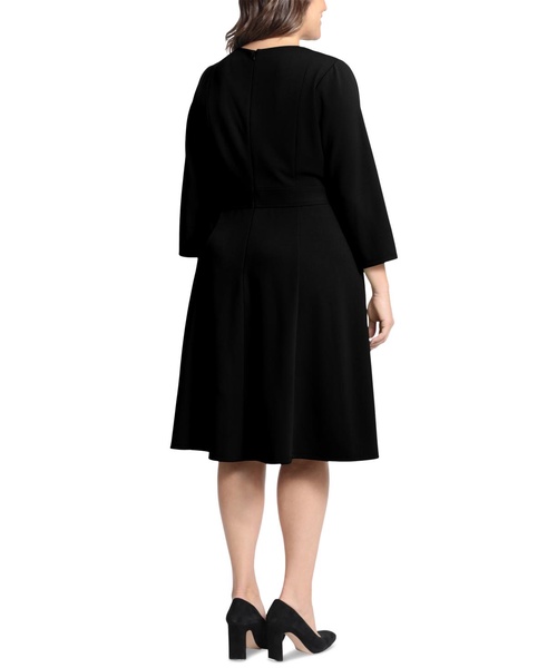 Plus Size 3/4-Sleeve Tab-Waist Fit & Flare Dress
