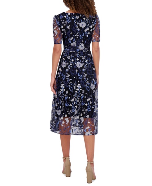 Women's Embroidered Mesh Tie-Waist Midi Dress