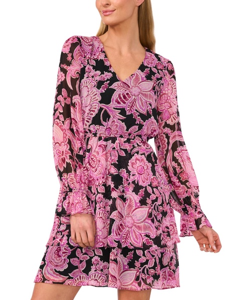 Women's Floral-Print Long-Sleeve Tiered Dress