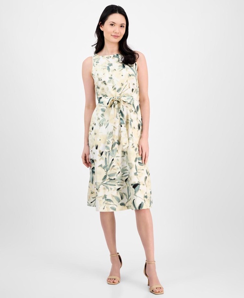 Women's Refined Linen Floral-Print Tie-Waist Sleeveless Dress