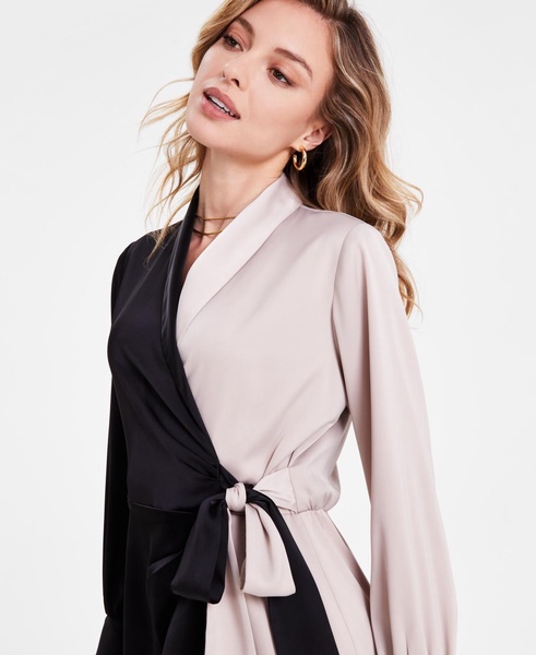 Women's Satin Color Block Tie-Front Dress, Exclusively at Macy's 
