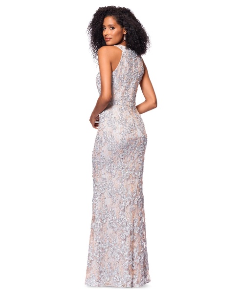 Petite High-Neck Sleeveless Lace Sheath Gown