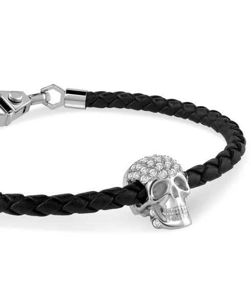Men's Enigma Crystal Skull Black Leather Bracelet in Stainless Steel