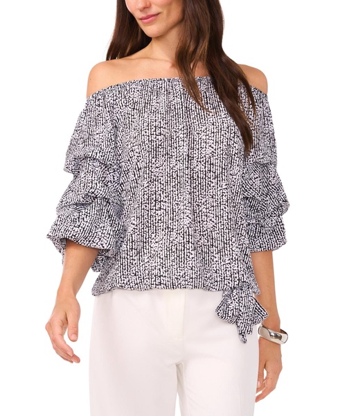 Women's Printed Off The Shoulder Bubble Sleeve Tie Front Blouse