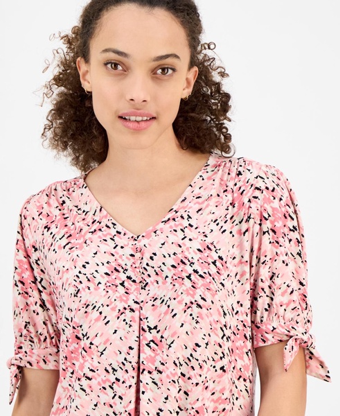 Petite Tie-Cuff Front-Pleated Printed Top