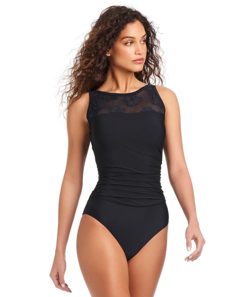 Women's Textured Mesh High-Neck Swimsuit