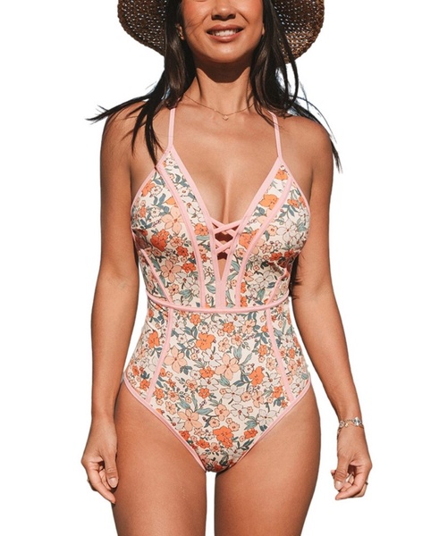 Women's Elegant Floral One-Piece Swimsuit with Criss-Cross Front Detail