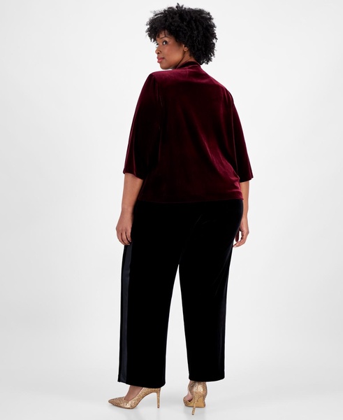 Plus Size Velvet Beaded-Button 3/4-Sleeve Top