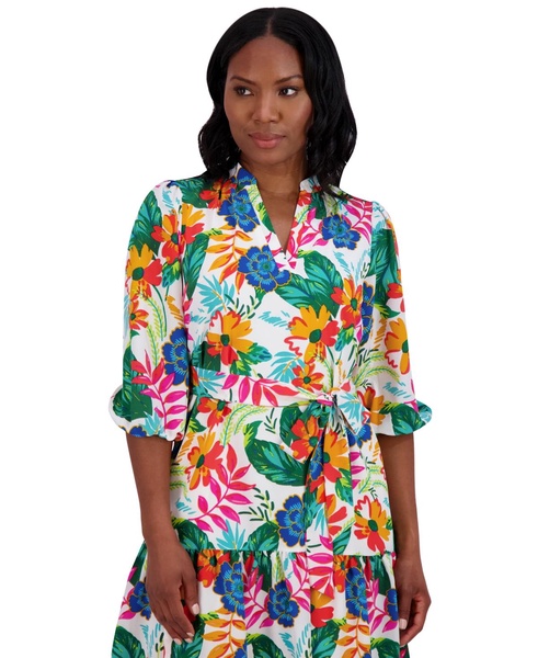 Petite Floral Balloon-Sleeve Split-Neck Dress