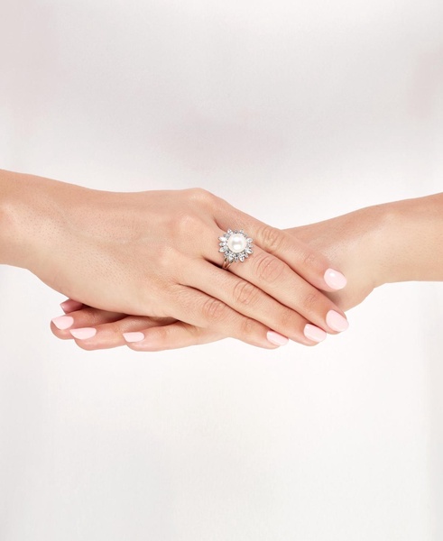 Cultured Freshwater Pearl (10mm) & Cubic Zirconia Flower Ring in Sterling Silver