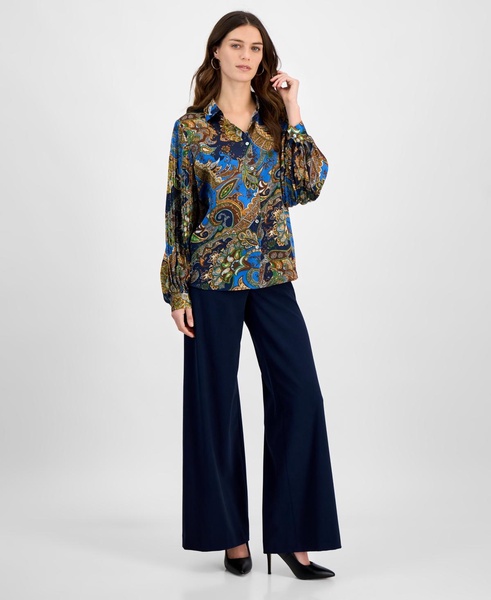 Women's Printed Satin Button Pleated-Sleeve Blouse