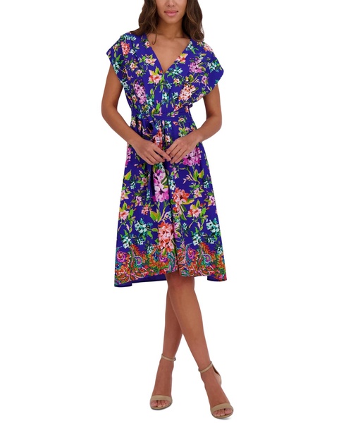 Women's Printed V-Neck Smocked-Back A-Line Dress