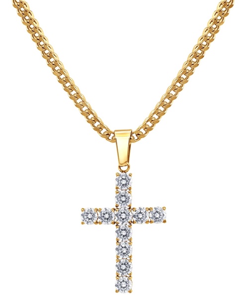 Men's Cubic Zirconia Cross 24" Pendant Necklace in Black-Ion Plated Stainless Steel