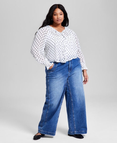 Plus Size Dot-Print Ruffled-Front Woven Pintuck Top, Exclusively at Macy's