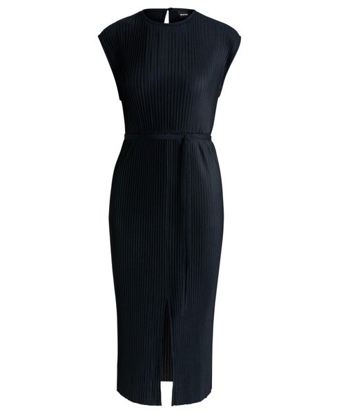 Women's High-Shine Plissé Belted Sleeveless Dress