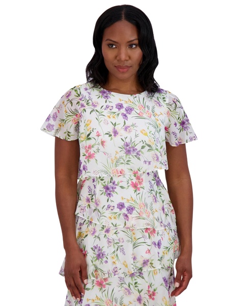 Petite Chiffon Flutter-Sleeve Floral-Print Dress