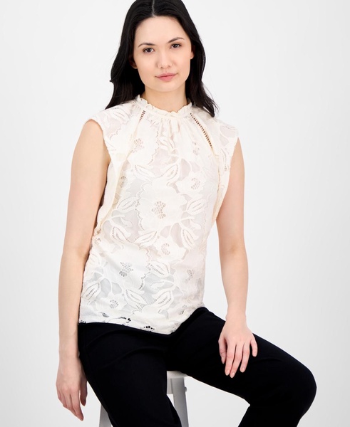 Petite Ruffled-Neck Cap-Sleeve Lace Blouse