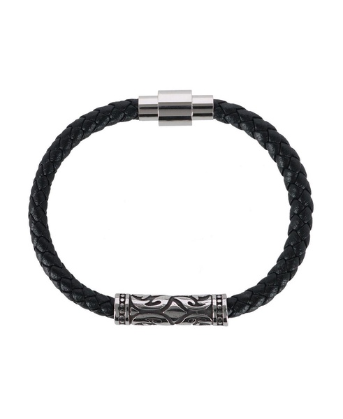Silver Filigree Pattern on Black Leather Bracelet