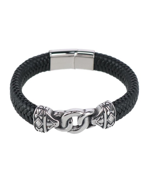 Silver Interlock Pattern on Black Leather Bracelet