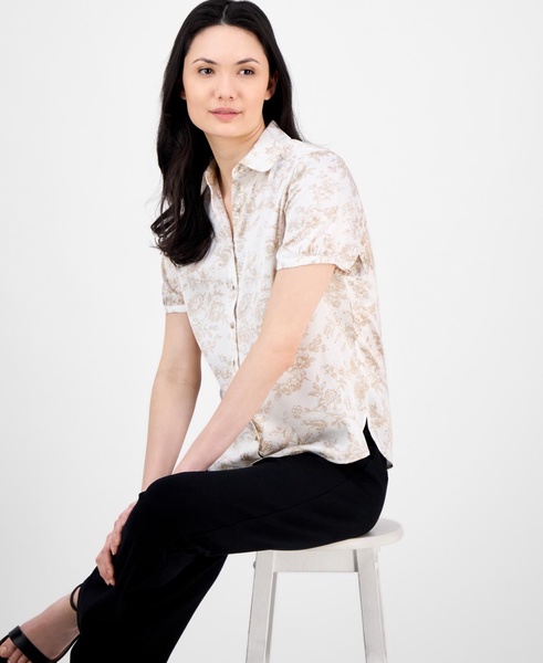 Women's Floral-Print Short-Sleeve Collared Blouse