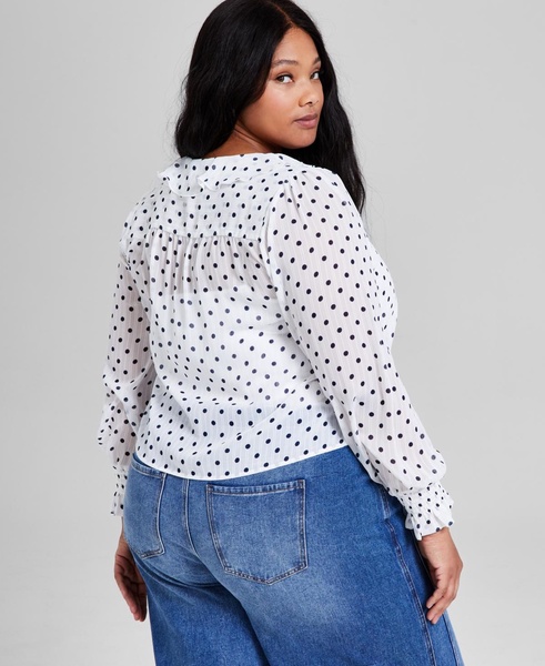 Plus Size Dot-Print Ruffled-Front Woven Pintuck Top, Exclusively at Macy's