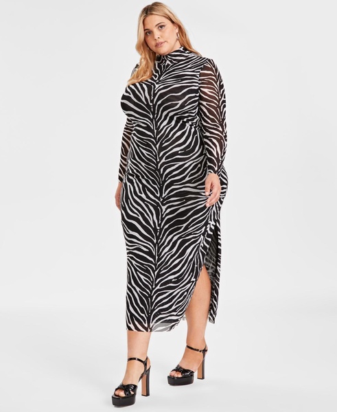 Trendy Plus Size Zebra-Print Mock-Neck Mesh Dress, Created for Macy's 