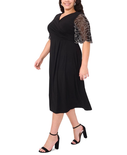 Plus Size Sheer-Sleeve Fit & Flare Dress