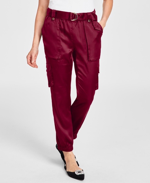 Women's Petite High-Rise Belted Satin Cargo Pants, Created for Macy's 