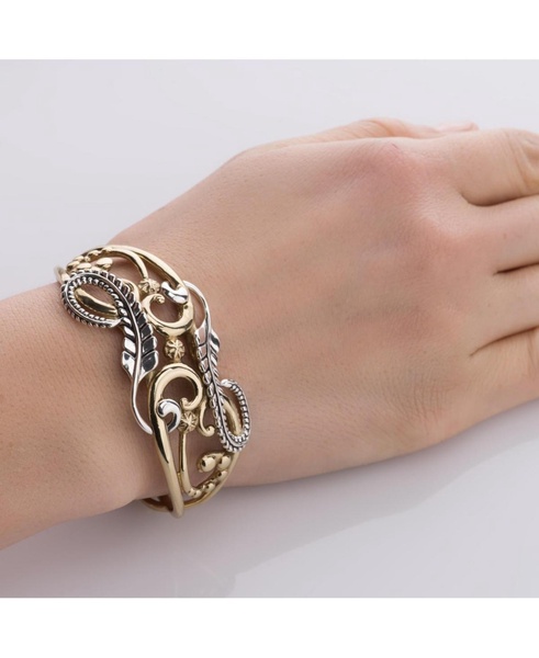 Sterling Silver and Brass Women's Cuff Bracelet Floral Leaf Design Size Small - Large