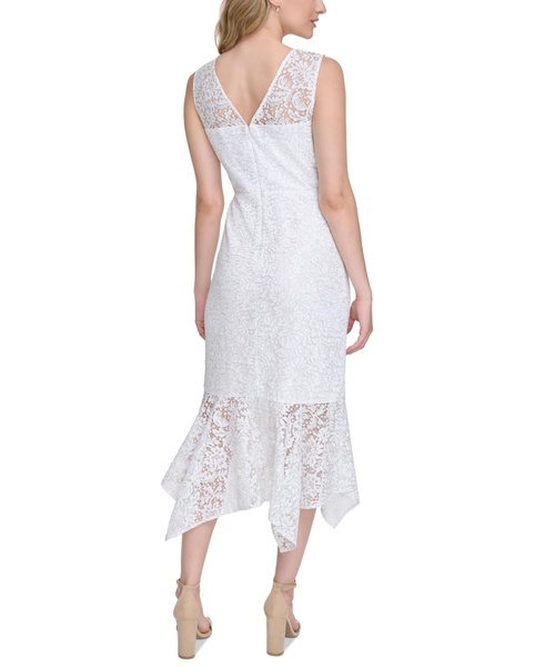 Women's Floral Lace Handkerchief-Hem Midi Dress
