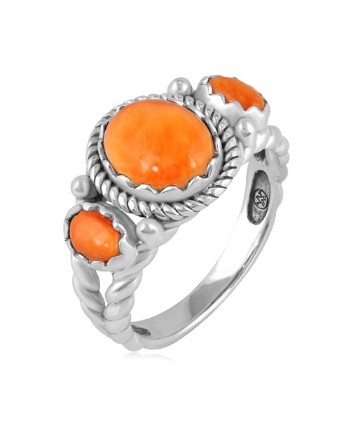 Sterling Silver Orange Spiny Oyster 3-Stone Ring, Size 5