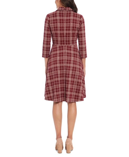 Women's Plaid Collared V-Neck 3/4-Sleeve Dress