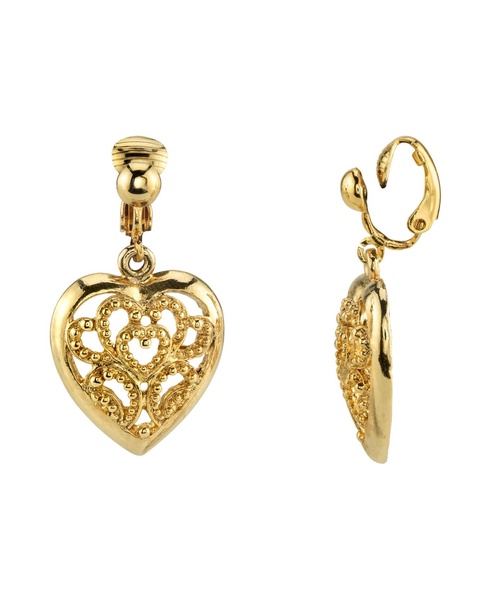 Gold Tone Filigree Heart Drop Clip Earrings