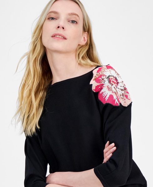 Women's Sequined-Shoulder 3/4-Sleeve Sweater