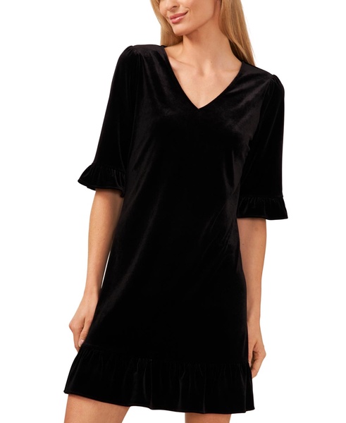 Women's Velvet 3/4-Sleeve Ruffle Trim Shift Dress