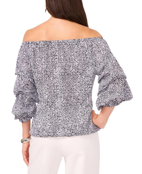Women's Printed Off The Shoulder Bubble Sleeve Tie Front Blouse