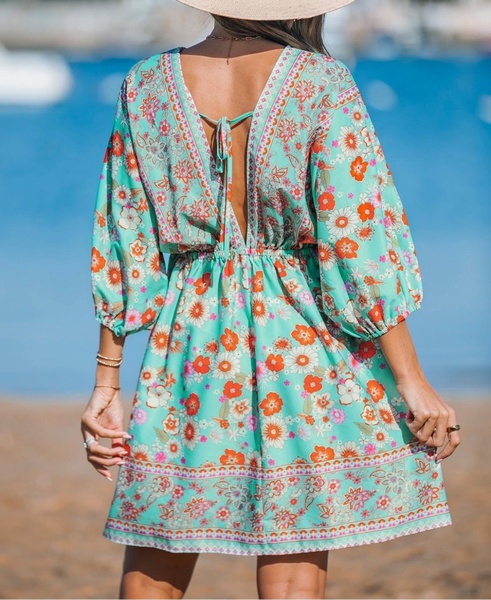 Women's Teal Paisley Plunging Mini Beach Dress