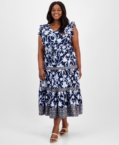 Plus Size Mixed-Print Tiered Maxi Dress