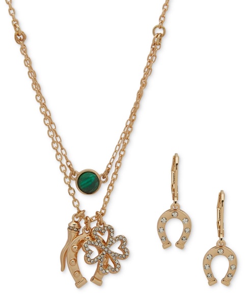 Gold-Tone Multi-Luck Charms Necklace & Earrings Set 