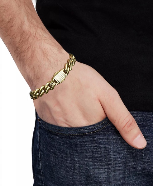 Men's Cubic Zirconia-Accented Curb Link Chain Bracelet in Gold-Tone Ion-Plated Stainless Steel