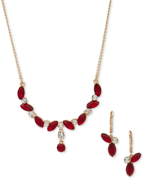 Gold-Tone Mixed Crystal Lariat Necklace & Drop Earrings Set