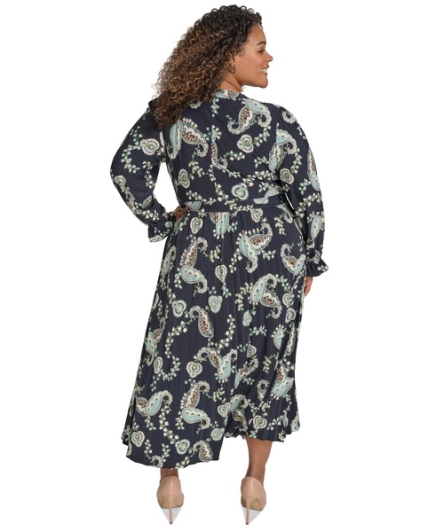 Plus Size Tie-Neck Pleated Skirt Midi Dress