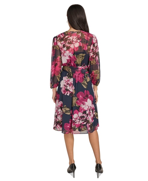 Women's Printed Surplice-Neck A-Line Faux-Wrap Dress